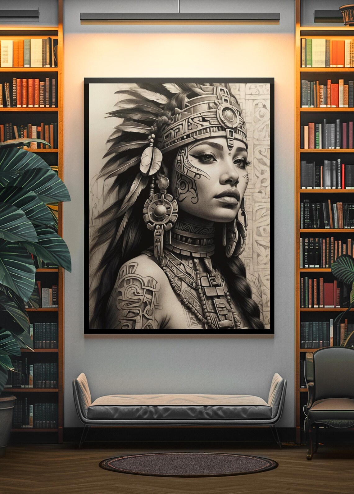 Aztec Warrior Woman With Feather Headdress Charcoal Sketch Poster - Image 3