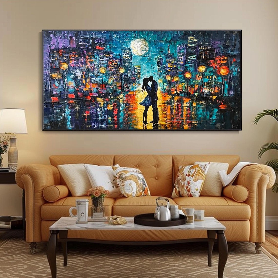 Rainy Night Rainbow City Street Mural Romantic Couple Modern Home Decor Moon Painting Bedroom Art Fantasy Landscape Painting Memorial Gift