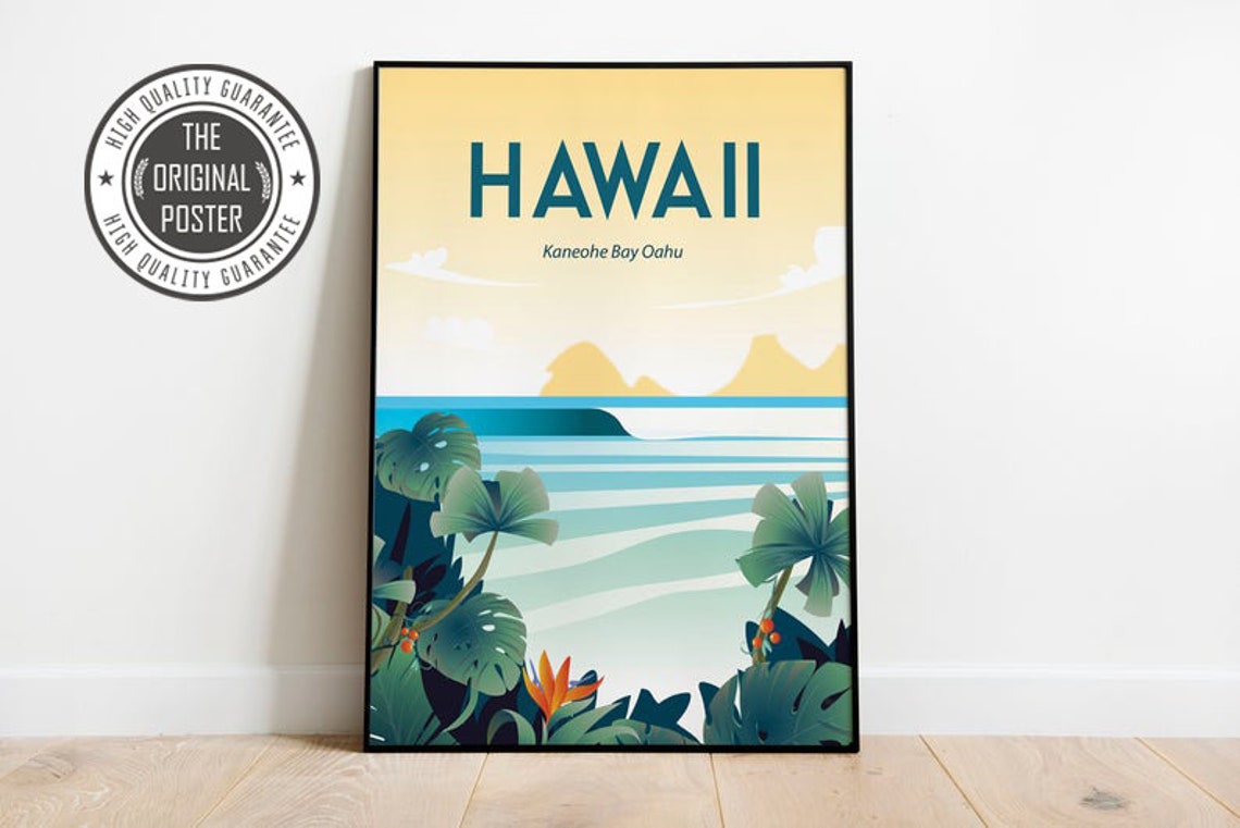 Hawaii Kaneohe Bay Oahu Travel Poster Tropical Beach Artwork