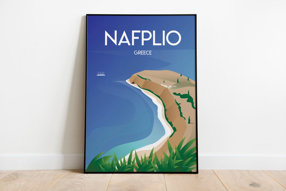 Nafplio Greece Curved Bay Cliffs Coastal Retro Travel Poster