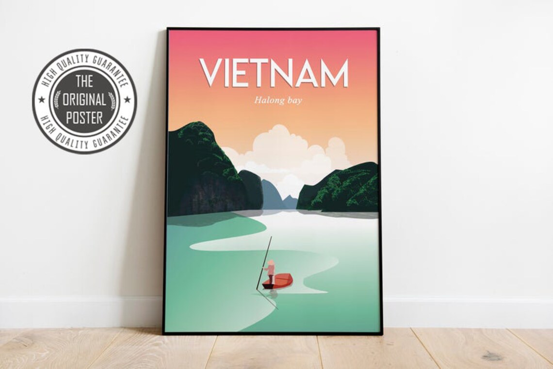 Vietnam Halong Bay Travel Poster Sunset Cliffs Fishing Boat Scene