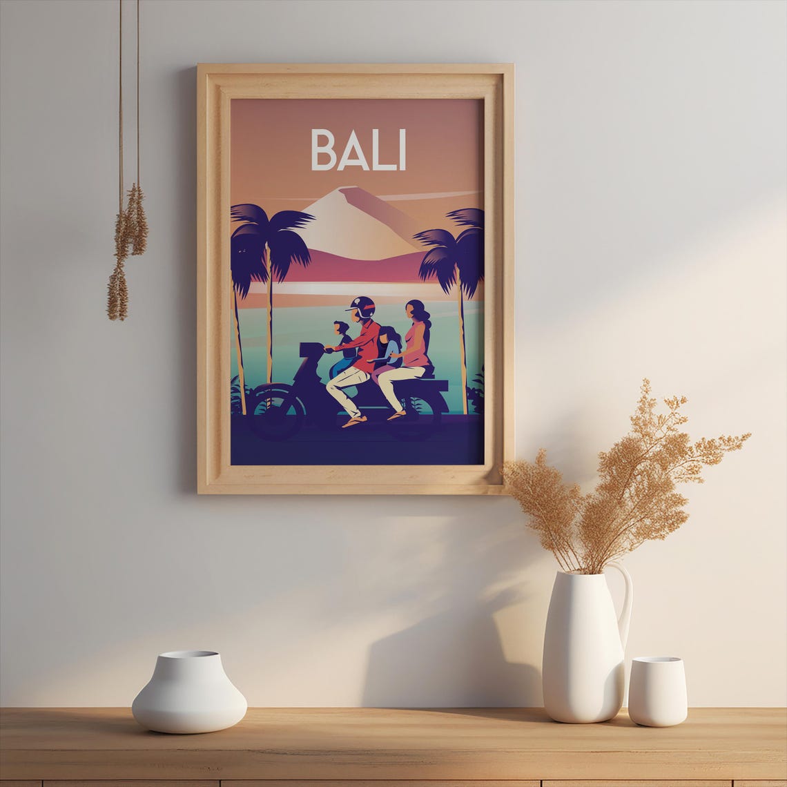 Bali Indonesia Scooter Family Palms Volcano Sunset Travel Poster - Image 2