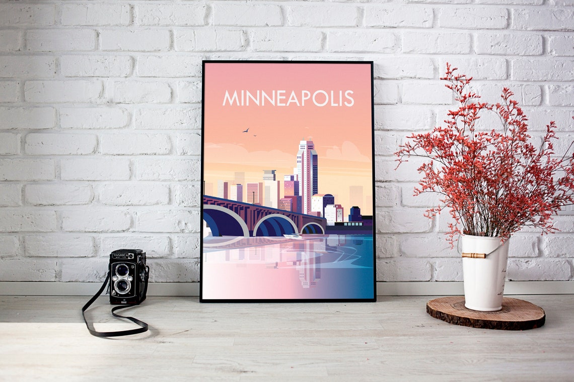 Minneapolis Minnesota Travel Poster Skyline Bridge Sunset Scene - Image 3