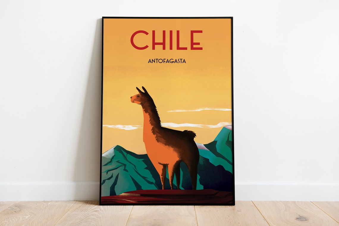 Chile Antofagasta Llama Travel Poster Andes Sunset Mountain Art