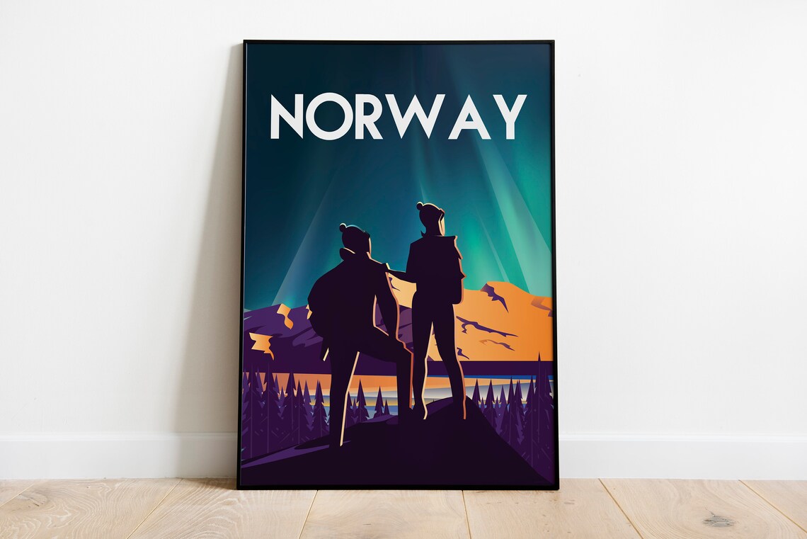 Norway Northern Lights Hikers Silhouette Arctic Travel Poster