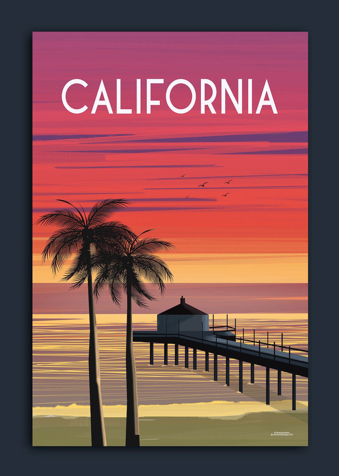 California Sunset Pier Palm Silhouettes Ocean Waves Travel Poster - Image 2