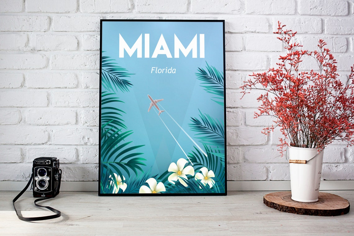 Miami Florida Tropical Beach Airplane Palm Tree Travel Poster - Image 2