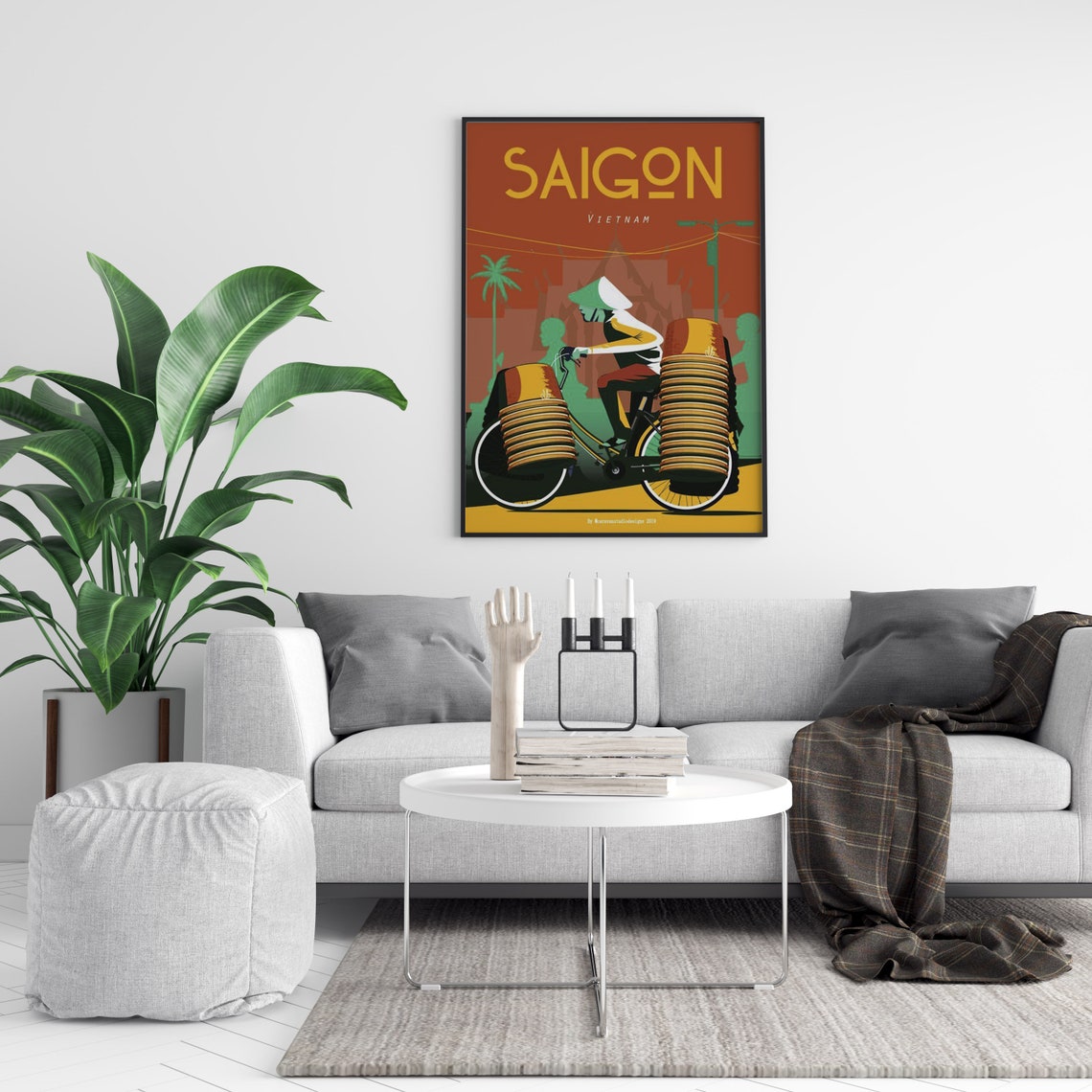 Saigon Vietnam Travel Poster Woman With Bicycle Baskets Retro - Image 2