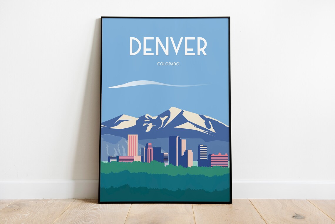 Denver Colorado Skyline Snowy Rocky Mountain Retro Travel Poster