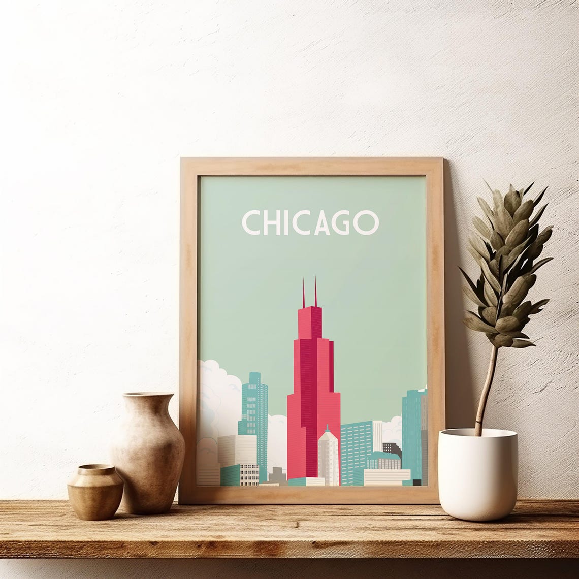 Chicago Skyline Red Skyscraper Mint Sky Vintage Travel Poster - Image 2