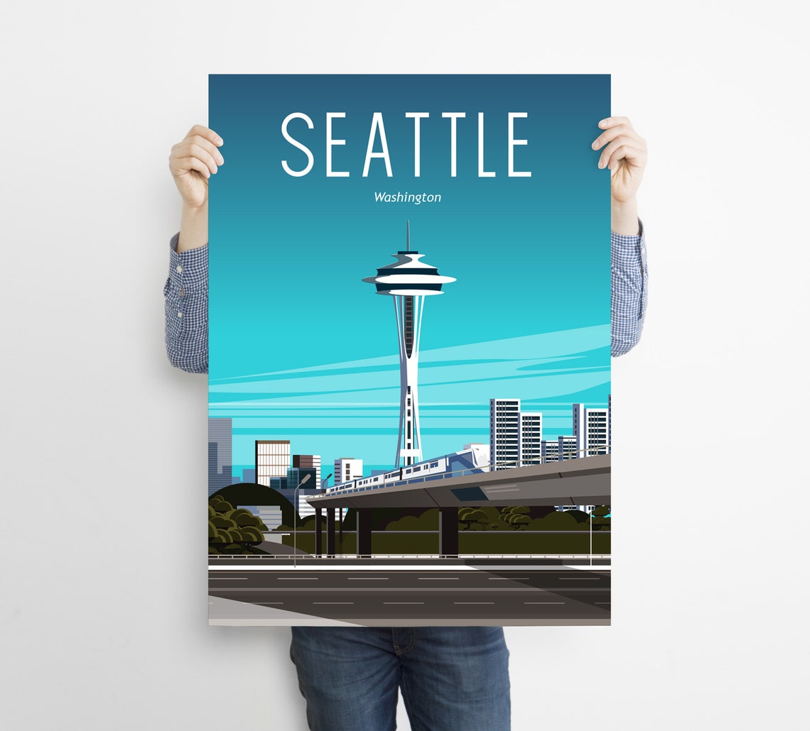 Seattle Washington Travel Poster Space Needle Skyline Sunset Art - Image 2