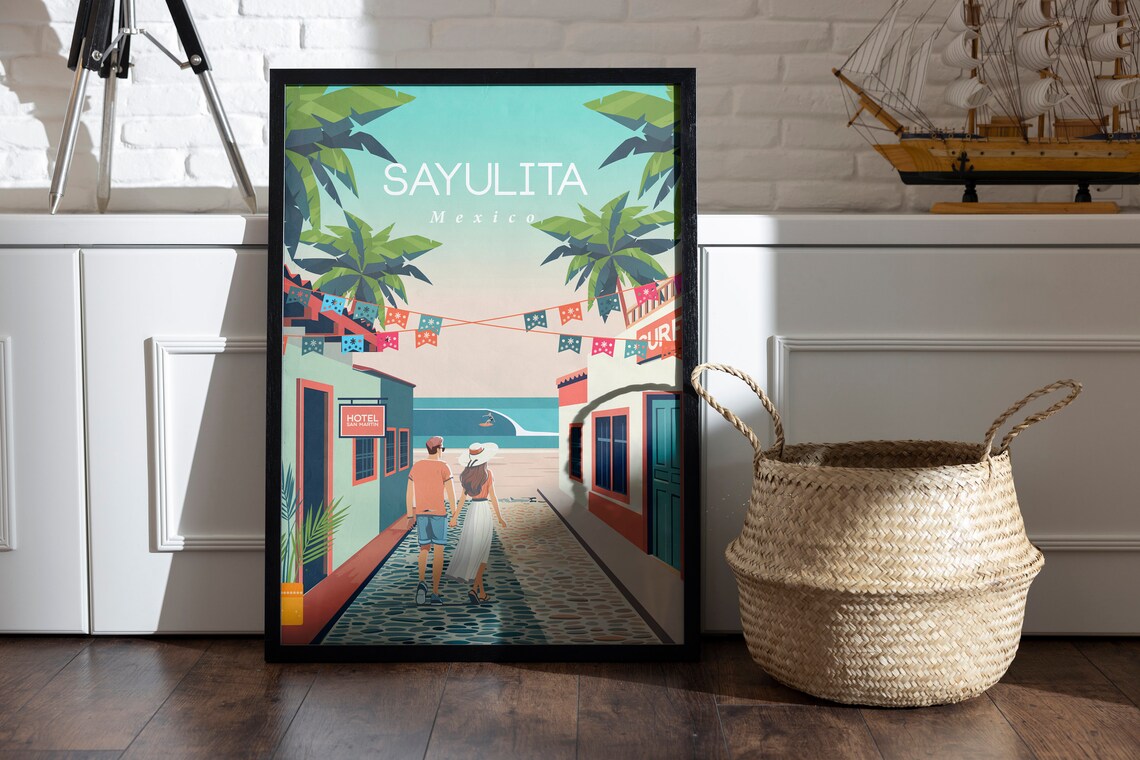 Sayulita Mexico Travel Poster Couple Walking To Beach Fiesta - Image 2