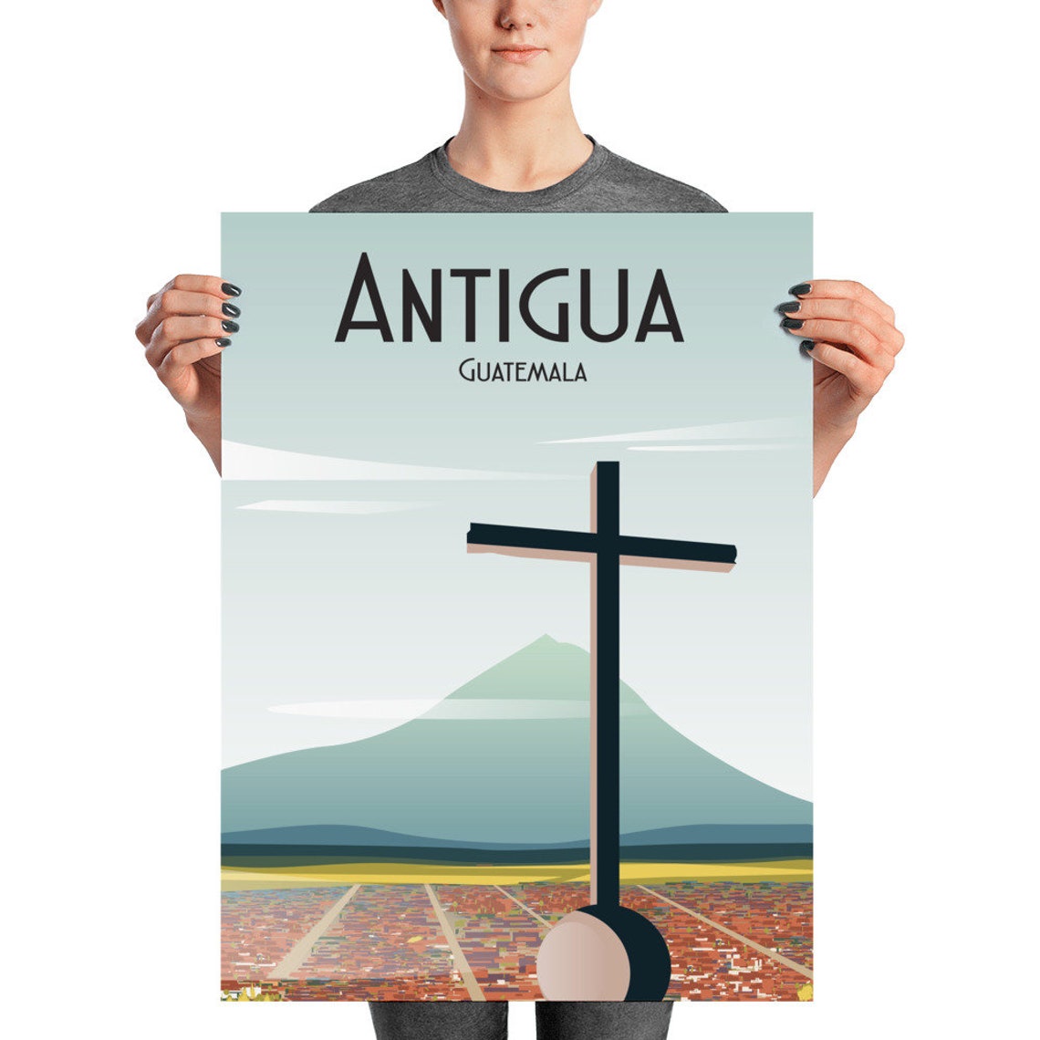Antigua Guatemala Hill Cross Volcano Cityscape Illustration Poster - Image 2