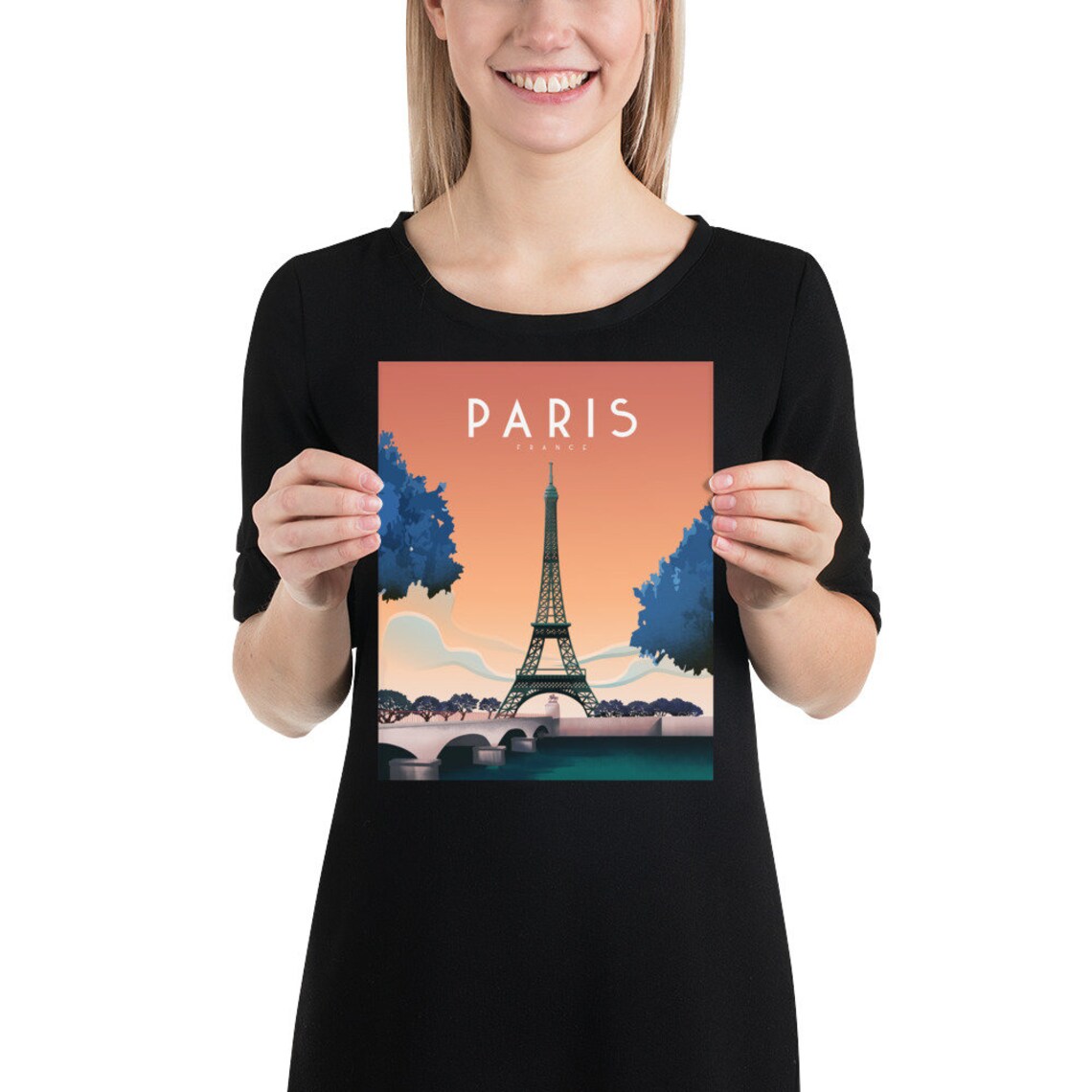 Paris France Eiffel Tower Sunset Over Bridge Vintage Travel Poster - Image 2