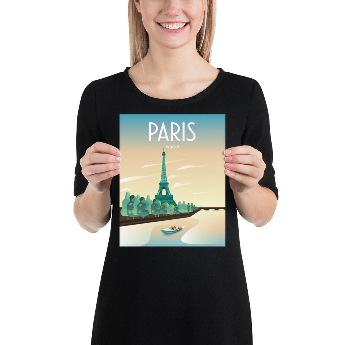 Paris France Eiffel Tower Seine Boat Pastel Romantic Travel Poster - Image 2
