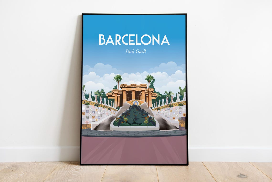 Barcelona Park Guell Mosaic Staircase Gaudi Spain Travel Art Poster