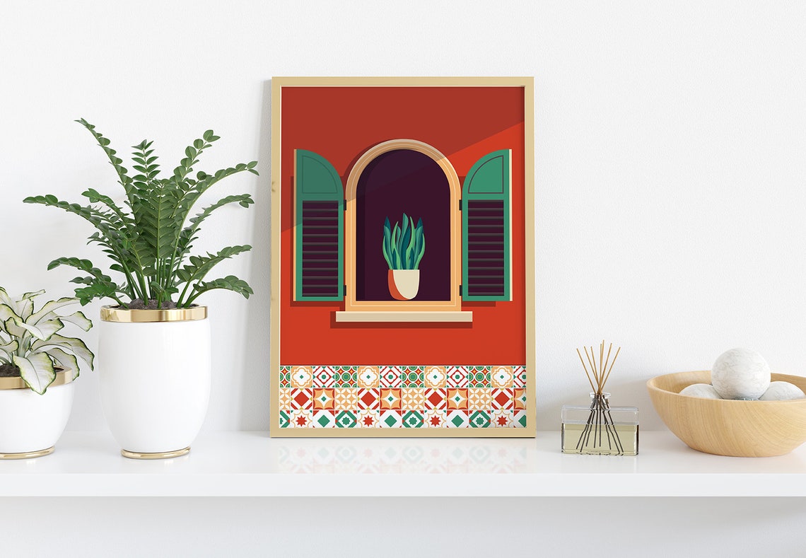 Terracotta Mediterranean Arched Window Tile Mosaic Art Poster