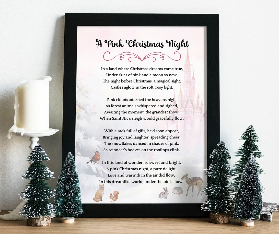 A Pink Christmas Night Poem Castle Woodland Holiday Art Poster - Image 4