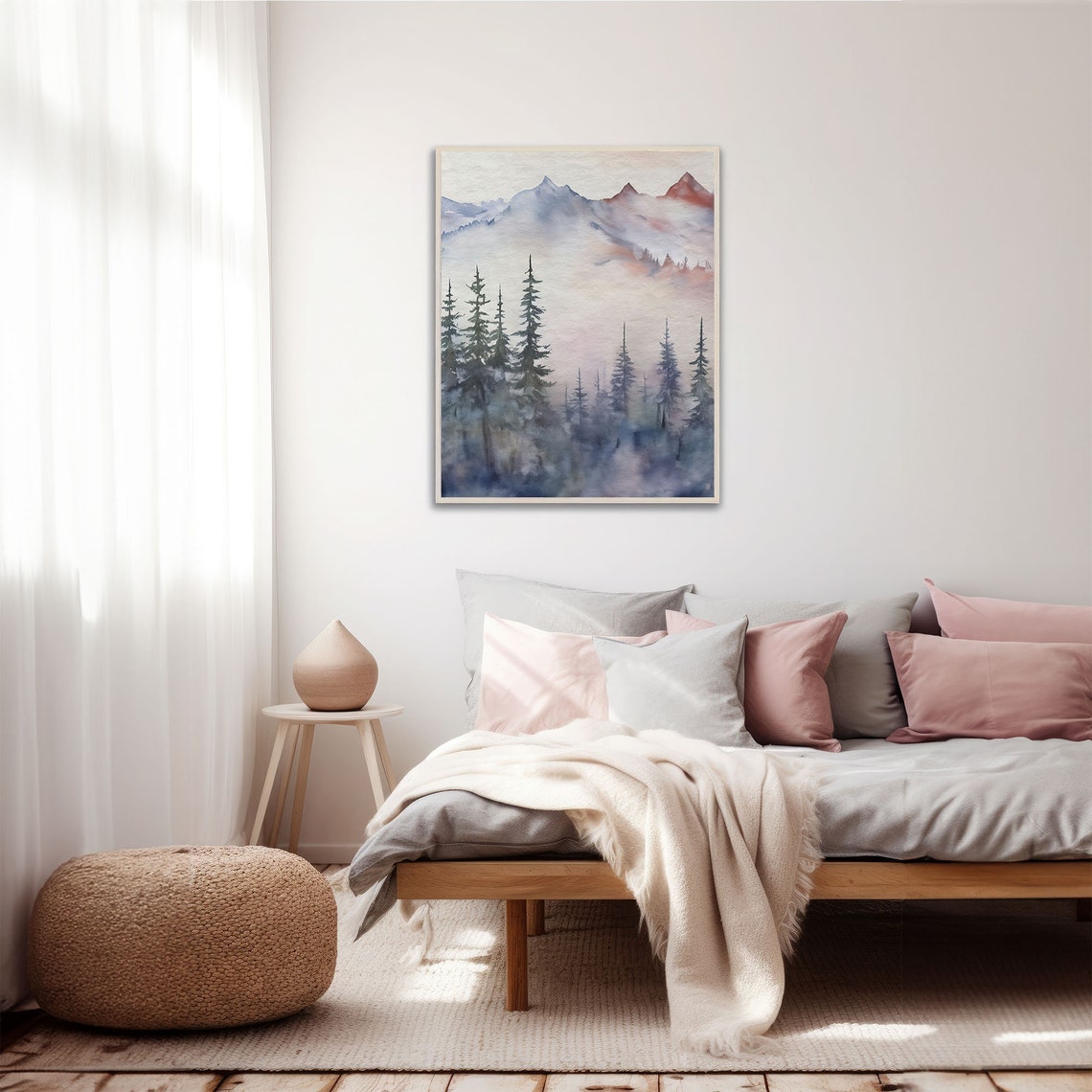 Pink Blue Pine Forest Mountain Watercolor Landscape Wall Art - Image 3