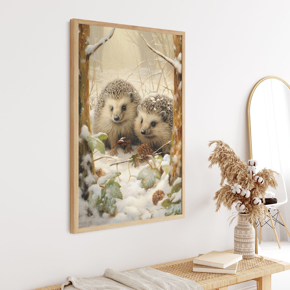 Two Hedgehogs in a Snowy Woodland Cute Winter Nursery Animal Poster - Image 2