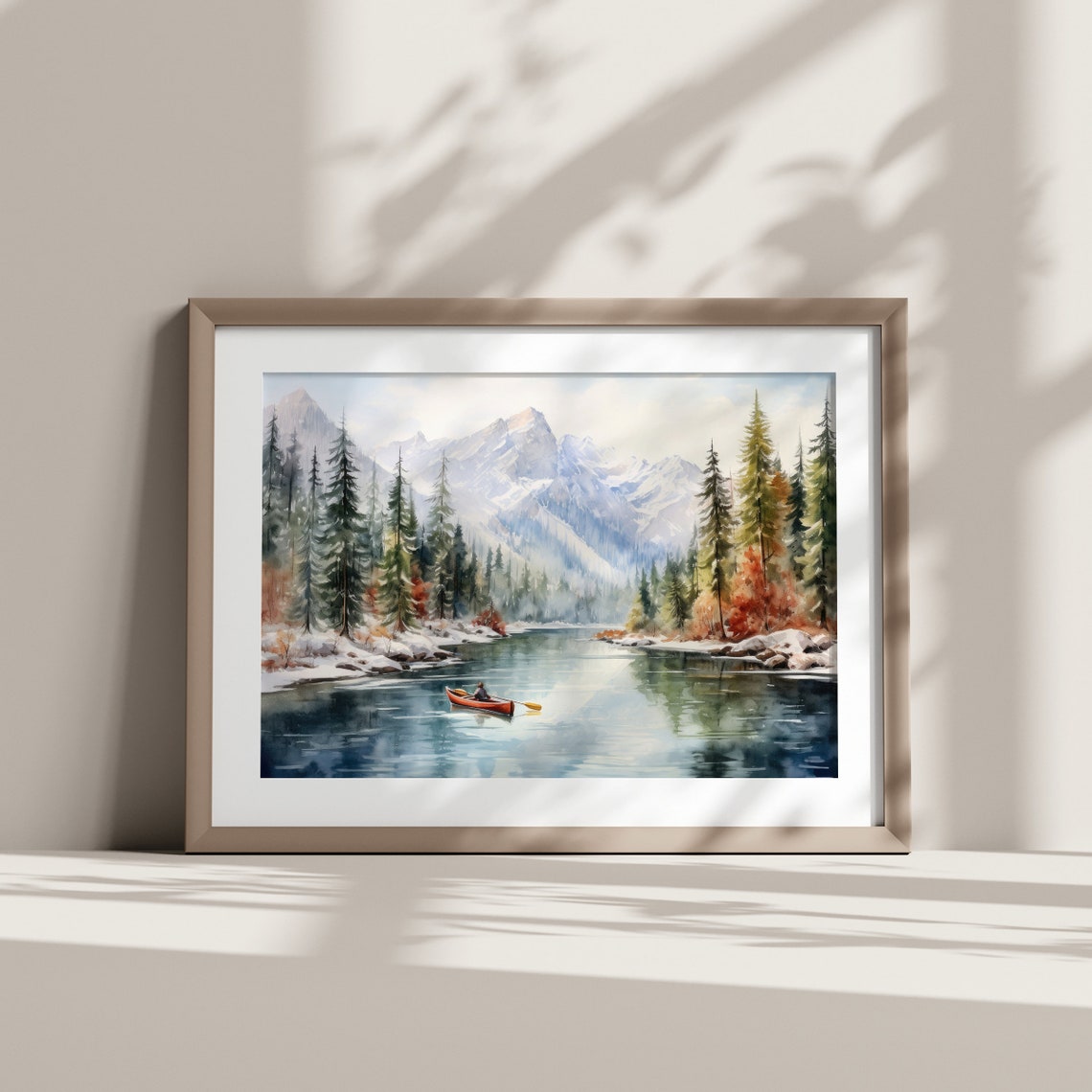 Red Canoe Winter Lake Mountain Snow Watercolor Landscape Poster - Image 6