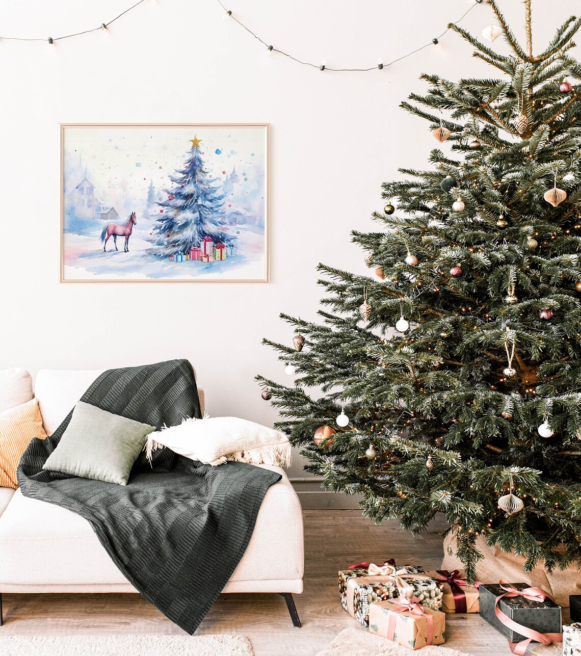 Blue Christmas Tree Pink Horse Gifts Watercolor Holiday Art Print - Image 3