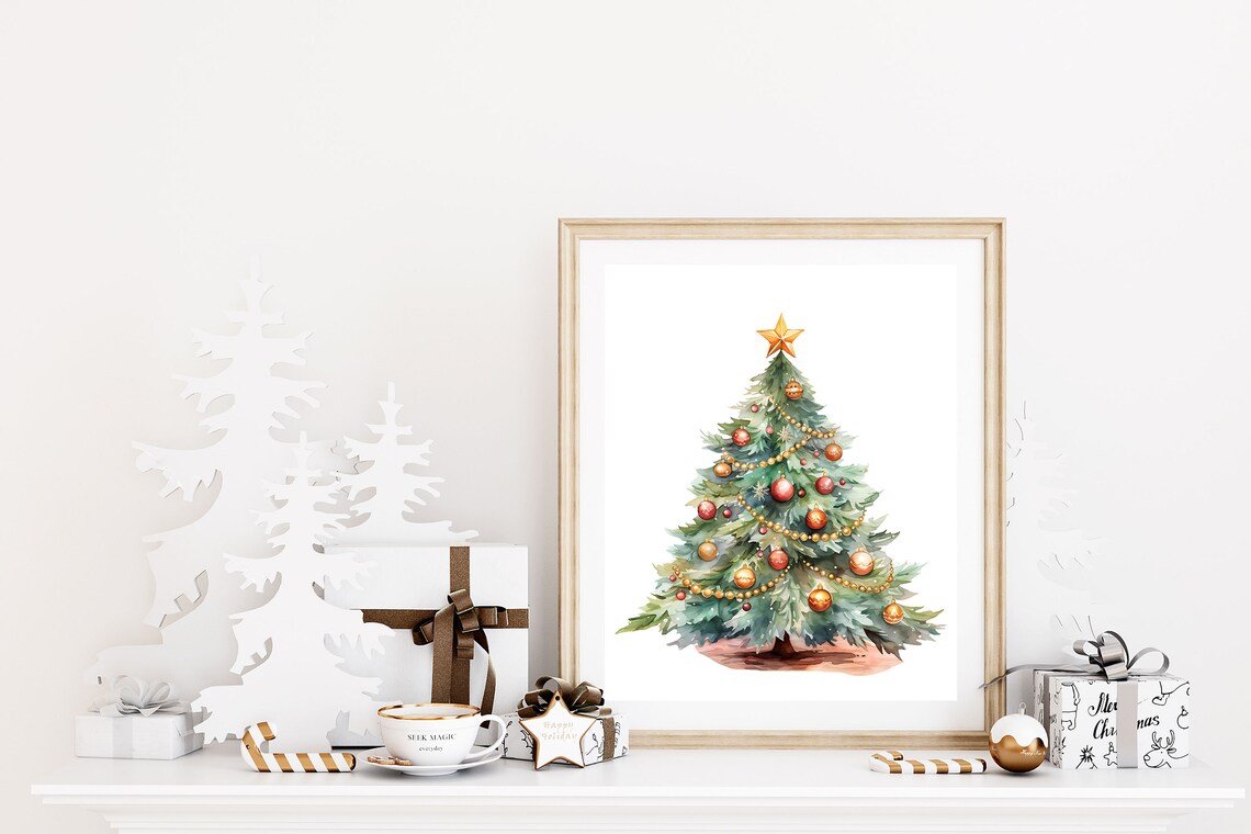 Watercolor Green Christmas Tree Gold Star Ornaments Holiday Poster - Image 3