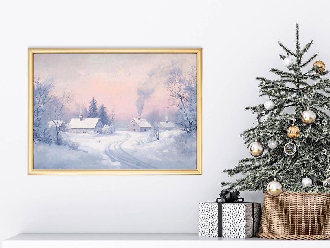 Pastel Winter Village Snowy Cottages Pink Sky Christmas Print - Image 3