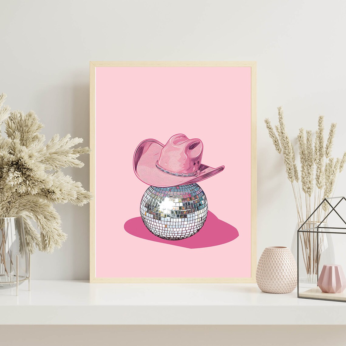 Disco Ball Pink Cowgirl Hat Party Preppy Western Style Wall Art - Image 2