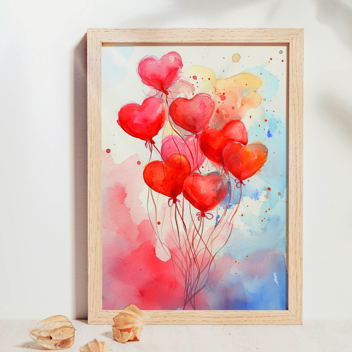 Red Heart Balloons Watercolor Valentine Day Love Wall Poster - Image 2