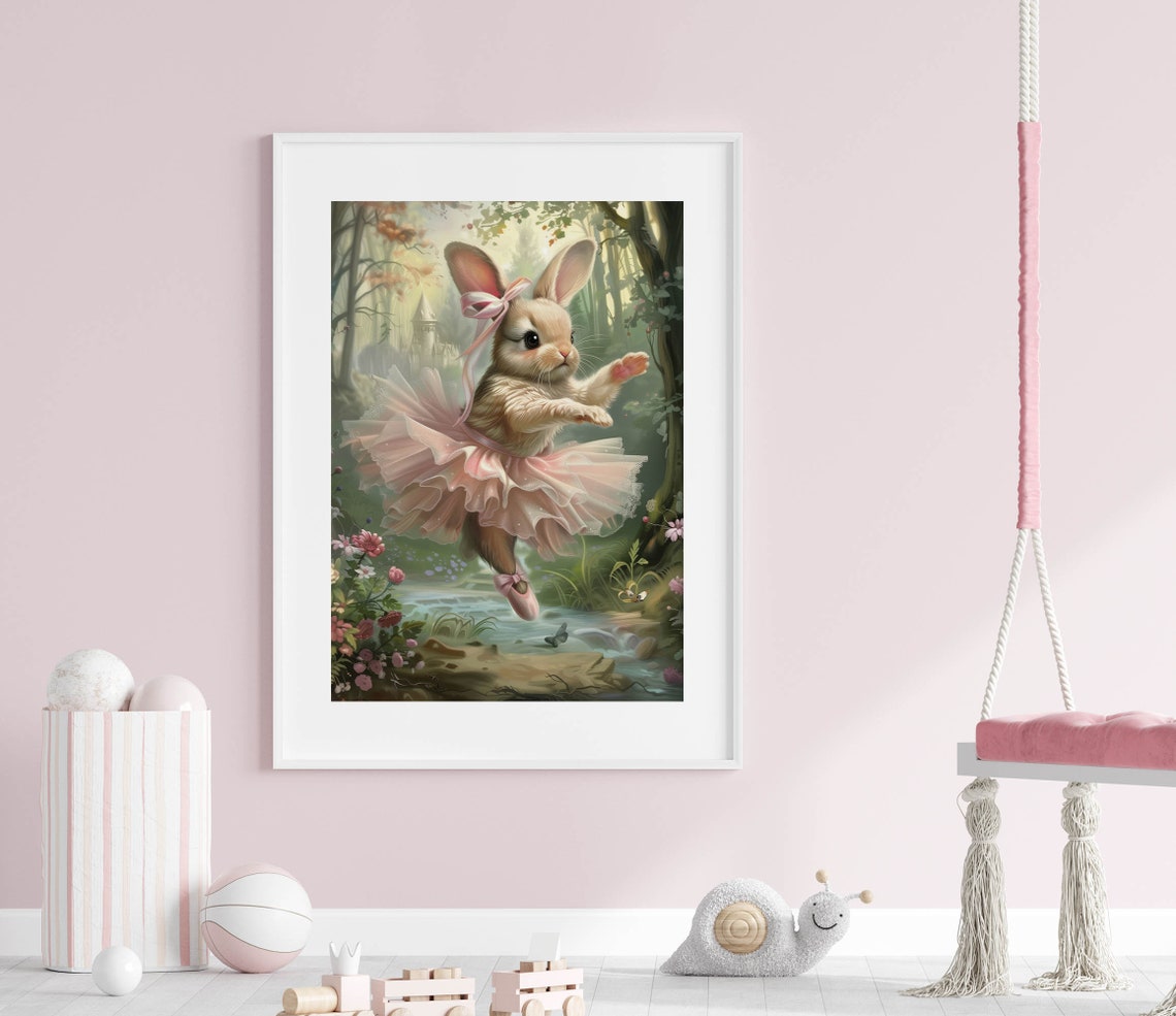 Dancing Bunny Ballerina Pink Bow Tutu Magical Woodland Stream Poster - Image 6