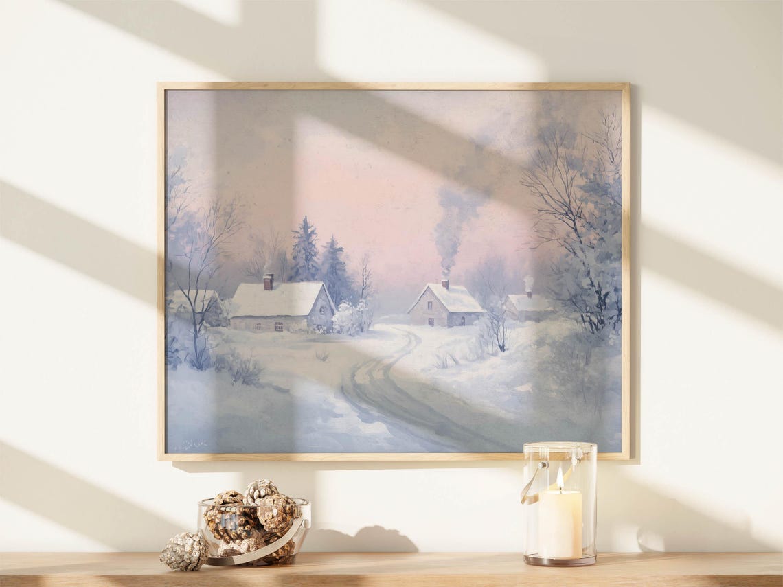 Pastel Winter Village Snowy Cottages Pink Sky Christmas Print - Image 7