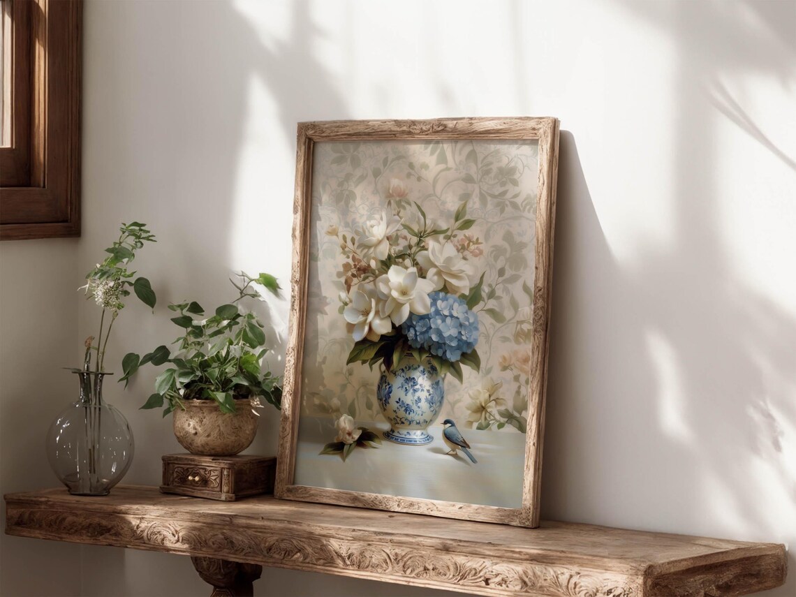 Chinoiserie Blue Vase with Hydrangea and Gardenias Art Print - Image 2
