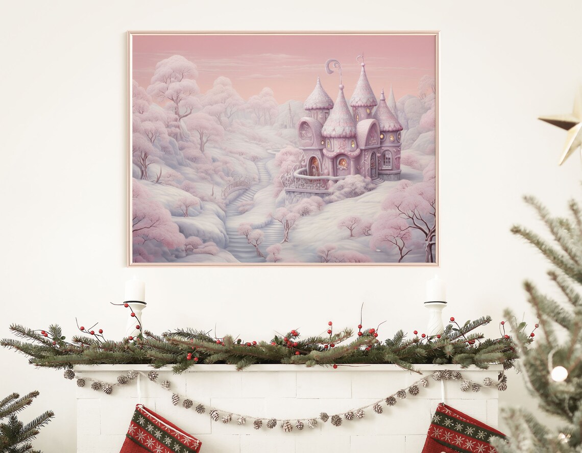 Pink Fantasy Castle Winter Christmas Wonderland Scene Poster