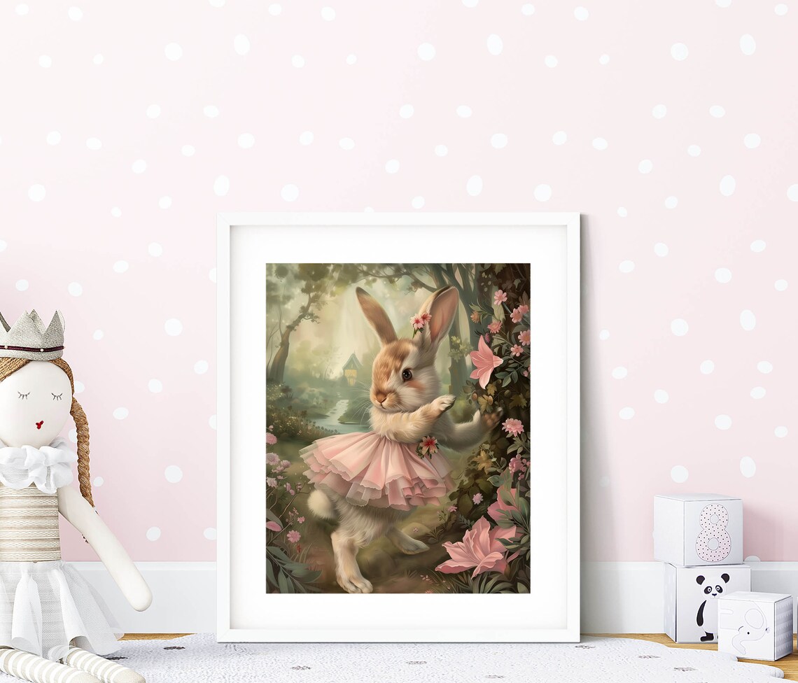 Bunny In Pink Tutu Dancing Flower Forest Cottage Storybook Poster - Image 4