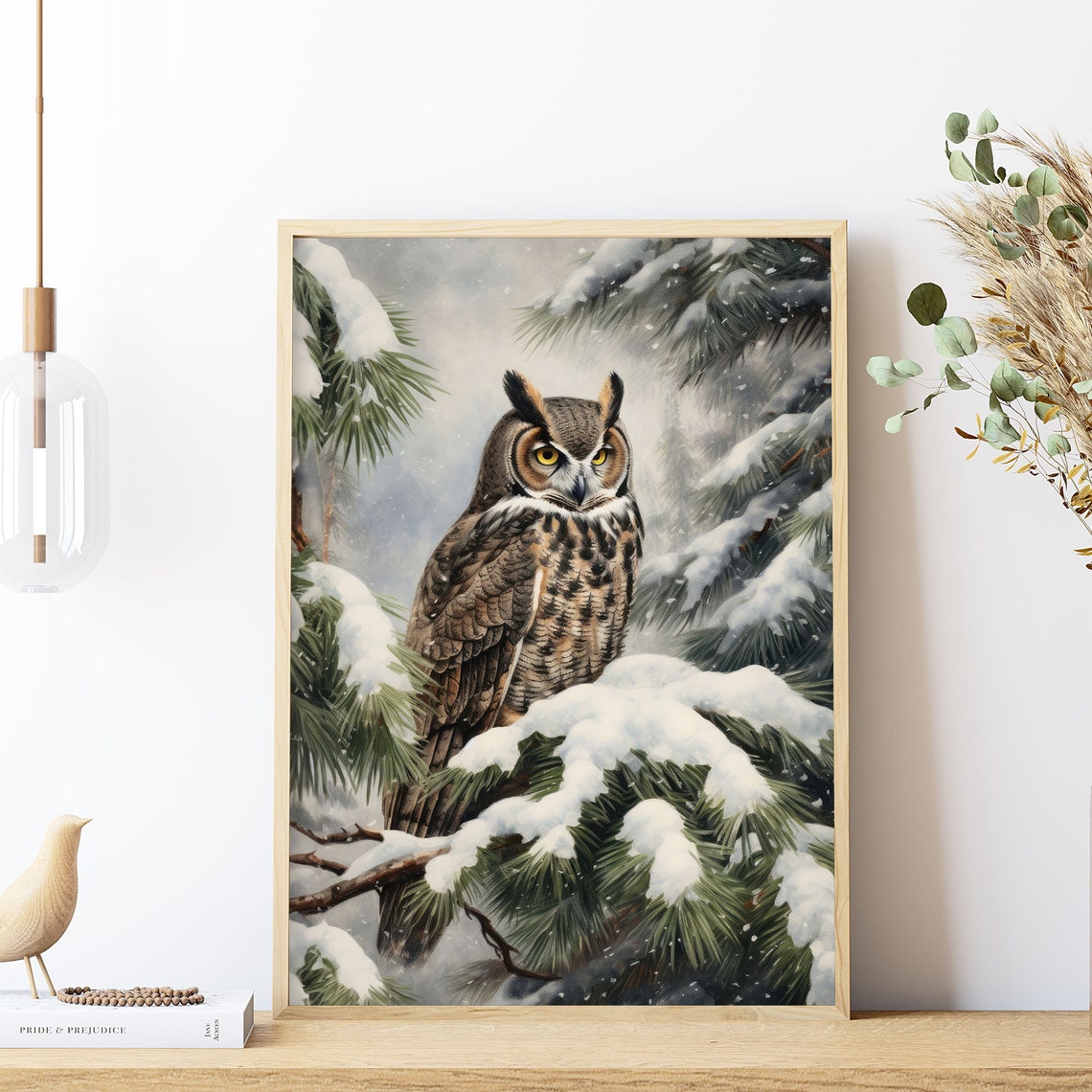 Great Horned Owl Snowy Pine Forest Winter Wildlife Art Print - Image 8