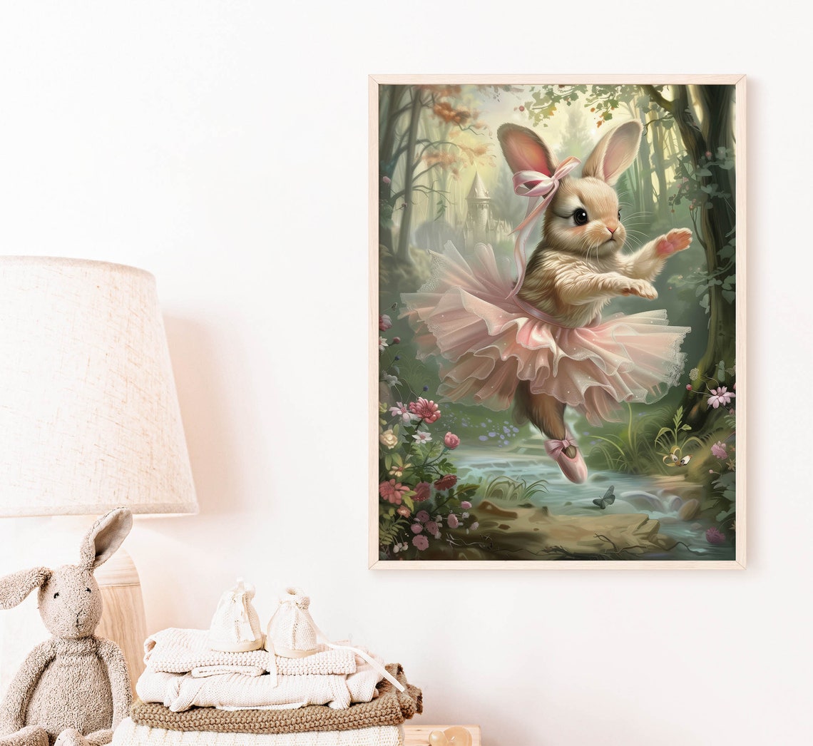 Dancing Bunny Ballerina Pink Bow Tutu Magical Woodland Stream Poster - Image 8