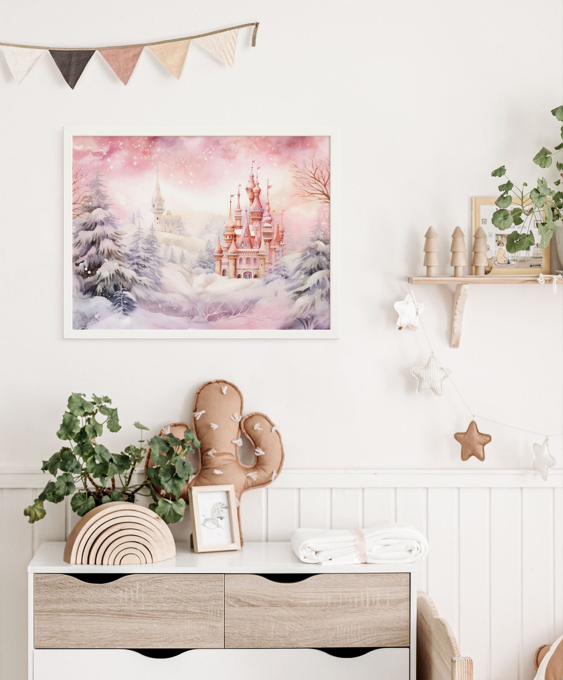 Pink Watercolor Castle Snowy Winter Forest Christmas Art Poster - Image 5