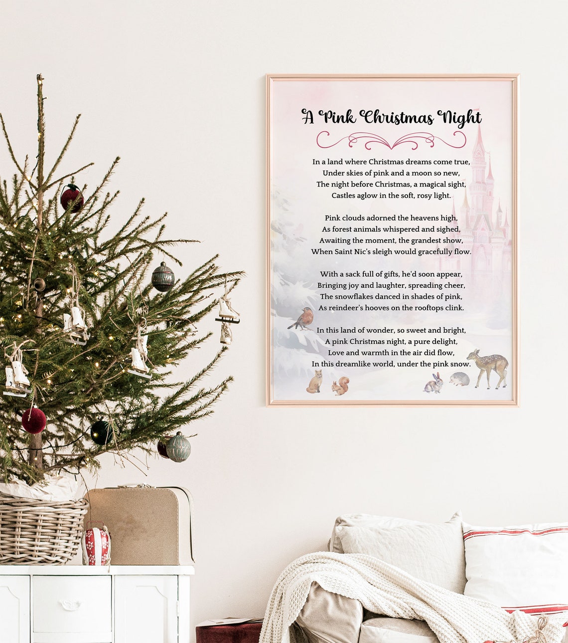 A Pink Christmas Night Poem Castle Woodland Holiday Art Poster - Image 5