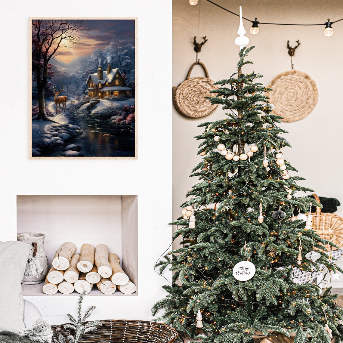 Stag By Moonlit River Near Lit Stone Cottage Winter Night Poster - Image 3