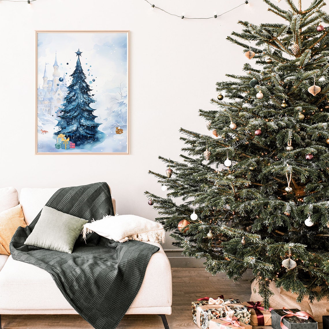 Blue Watercolor Christmas Tree Fairy Tale Castle Snowy Poster - Image 2