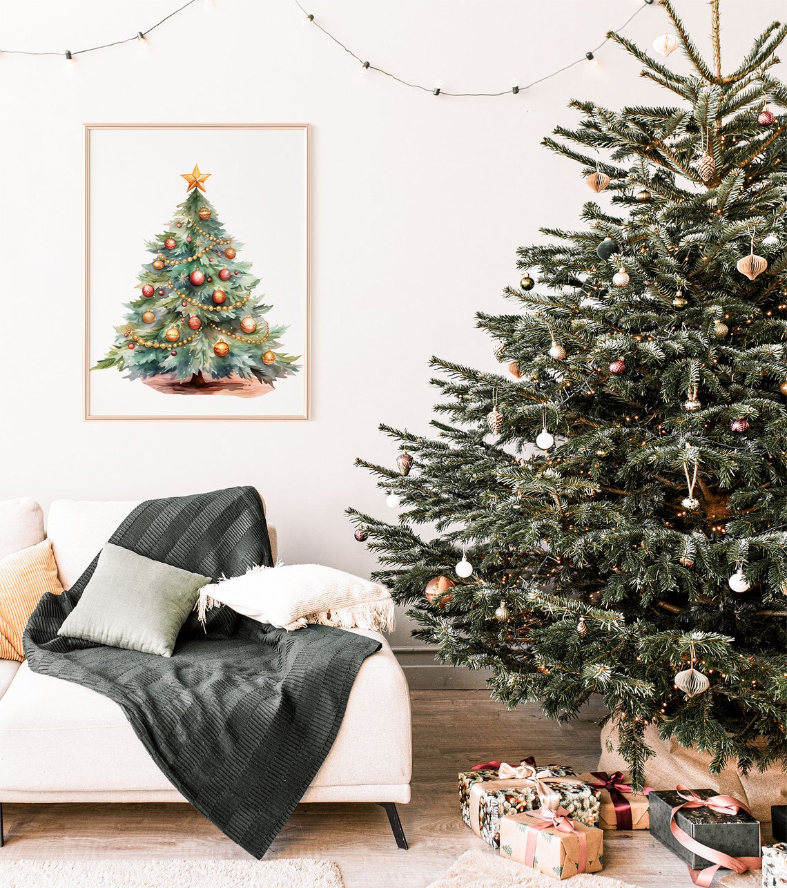 Watercolor Green Christmas Tree Gold Star Ornaments Holiday Poster - Image 7