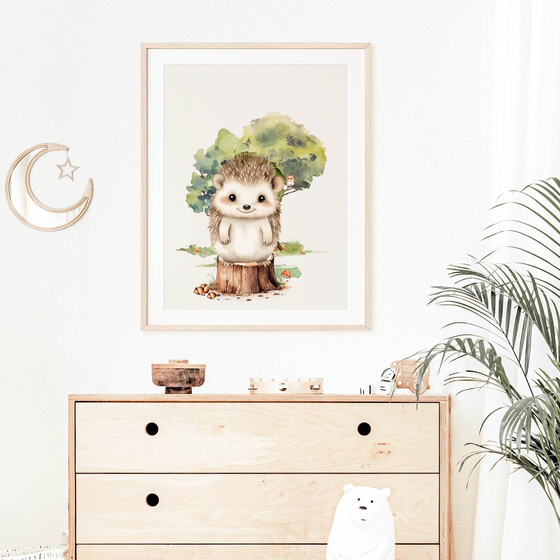 Smiling Hedgehog Tree Stump Watercolor Woodland Nursery Poster - Image 5