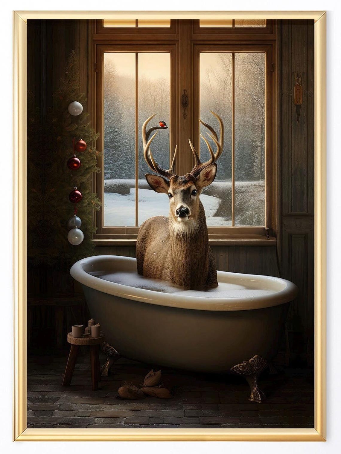 Funny Reindeer In Bathtub Snowy Window Rustic Winter Art Poster