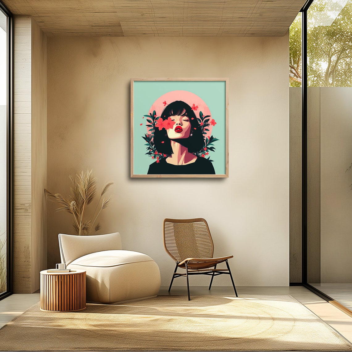Neo Pop Woman with Flowers on Face Vintage Style Portrait Wall Art - Image 6