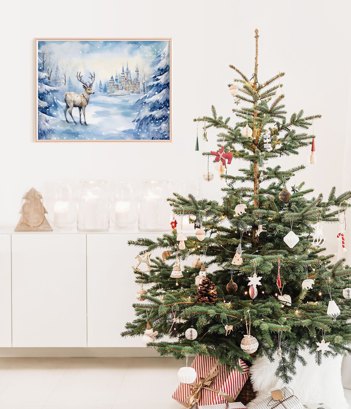 Winter Deer Castle Snowy Blue Christmas Watercolor Art Print - Image 3
