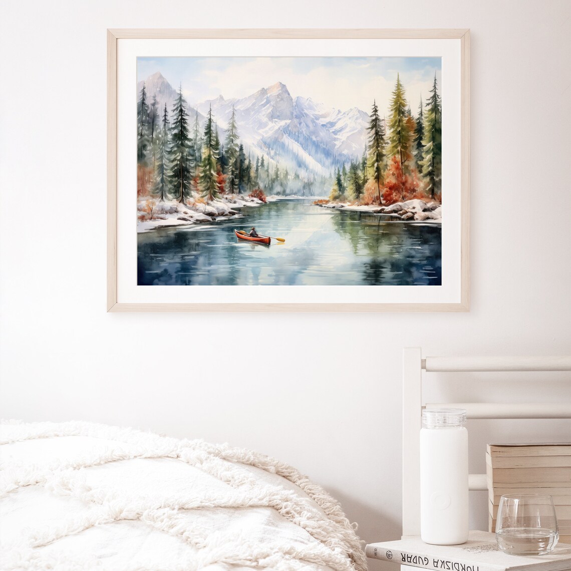 Red Canoe Winter Lake Mountain Snow Watercolor Landscape Poster - Image 5