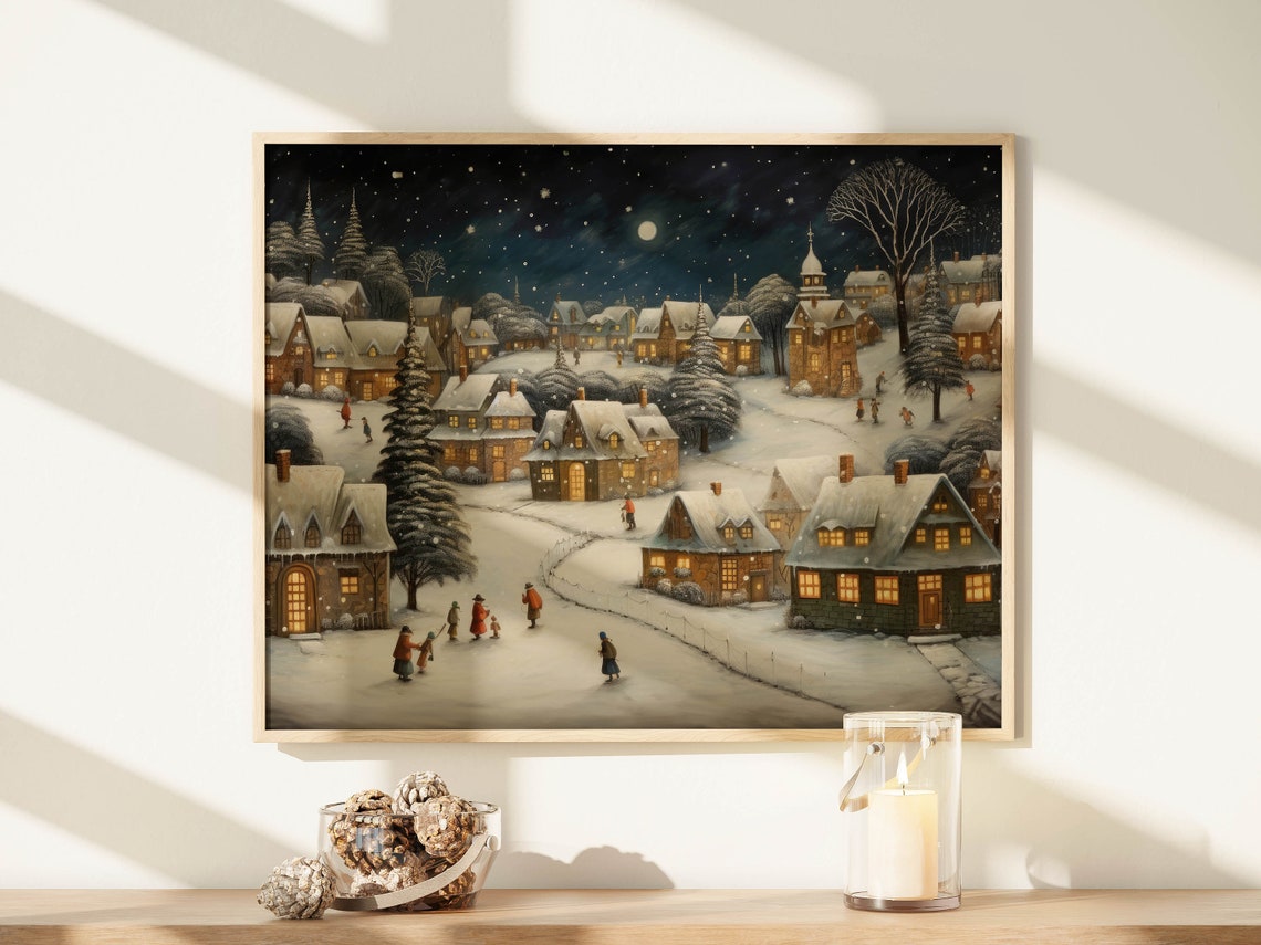 Vintage Christmas Village Wall Art Vintage Christmas Winter Night Wall Art Farmhouse Christmas Decor Snowy Town Painting Xmasv1 - Image 6