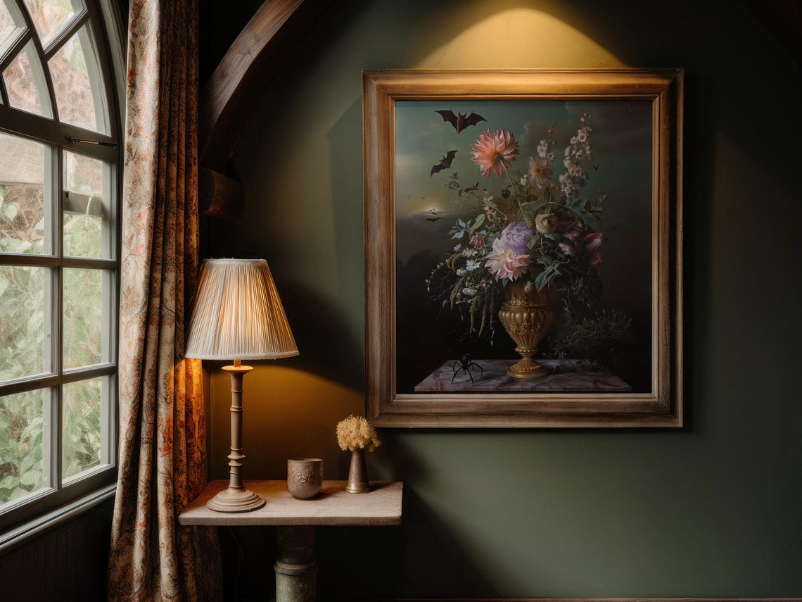 Dark Floral Still Life Bats Spider Gothic Halloween Art Poster - Image 5