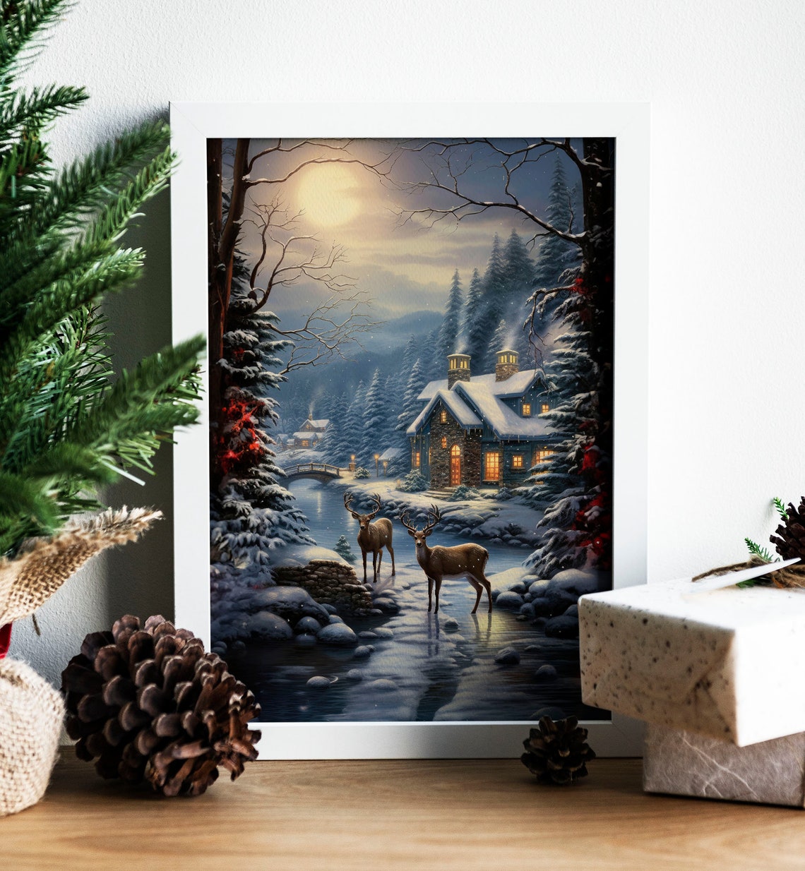 Two Deer Moonlit Stream Cozy Cabin Snowy Forest Night Poster